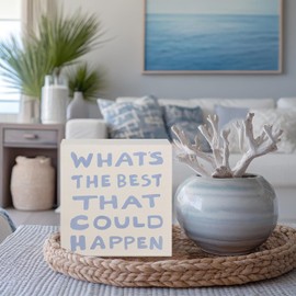 Qabliqo What's the Best That Could Happen Wooden Box Sign, Preppy Blue Inspirational Motivational Quote Wood Block Plaque Signs for Home Office Desk Table Shelf Decor, 5x5 Inch