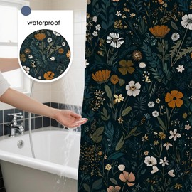 Mocsicka Black Floral Shower Curtain Wildflower Moody Shower Curtain for Bathroom Vintage Botanical Bathroom Decor Waterproof Machine Washable Bathtub Curtain, Set with 12 Hooks (Black, 71x71inch)
