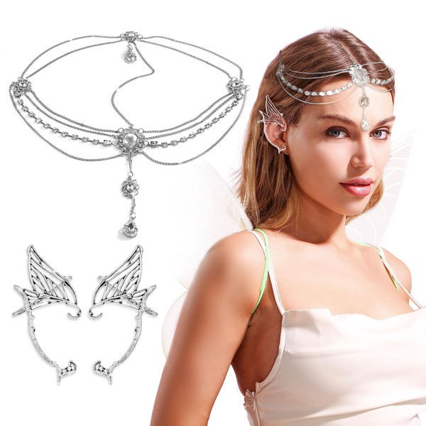 JeVenis Vintage Elf Ear Cuffs Elven Fairy Crown Headband Earrings Elf Cuffs Clip Earrings for Fantasy Renaissance Fairy Costume Cosplay
