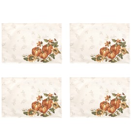 Lintex Stockbridge - Manteles individuales de tela con borde de cosecha de calabaza, hojas de otoño y otoño, diseño de girasol y bellota, de fácil cuidado, 4 manteles individuales