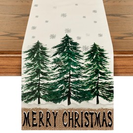 Artoid Mode Xmas Trees Snowflake Merry Christmas Table Runner, Seasonal Winter Green Kitchen Dining Table Decoration for Home Party Decor 13x60 Inch