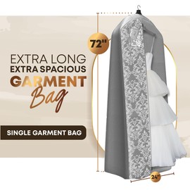 Your Bags Wedding Dress Garment Bag – 72" Garment Bags for Hanging Clothes with 20" Gusset for Puffy Gowns – Durable Cover for Travel or Storage – Rip-Resistant with ID Window - Grey/White Damask
