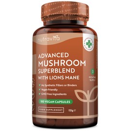 Nutravita High Potency Mushroom Complex 14400mg Superblend with Lions Mane - 6 Mushroom Complex with Chaga, Cordyceps, Shiitake, Reishi, Maitake and Lions Mane - 180 Vegan Capsules - Made in The UK