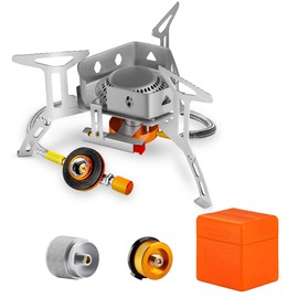3500W Camping Stove, Backpacking Windproof Camp Stove with Piezo Ignition Carrying Case and 2 Additional Adapters, Compatable with Isobutane, Propane, Butane Tanks, Portable and Collapsible.