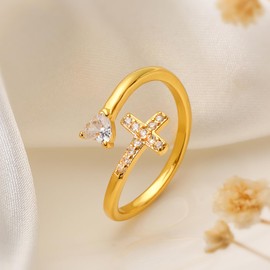 cmoonry 14K Gold Plated CZ Cross Heart Ring Eternity Promise Jewelry for Her (Heart Cross)
