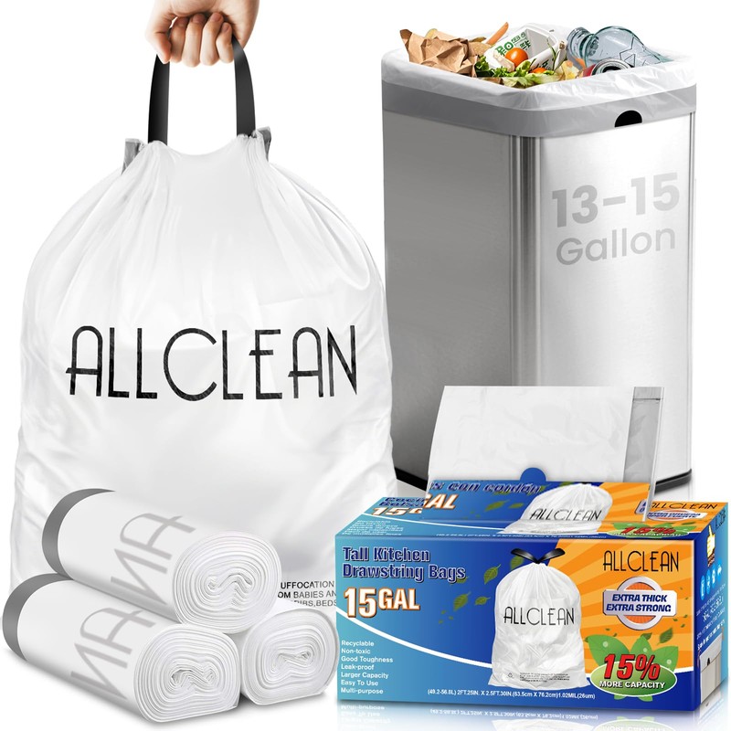 ALLCLEANbags Trash Bags 15 Gallon Tall Kitchen Drawstring Garbage Bags,Fit