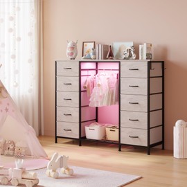 LUMTOK 55W 2-in-1 Dresser with Hanging Rack, 10 Drawers Dresser for Bedroom,Dressers with Fabric Drawers,LED Lights, Charging Station and Hanging Racks for Bedroom (Greige)