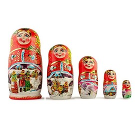 BestPysanky Set of 5 Winter Night Wooden Nesting Dolls 6.5 Inches