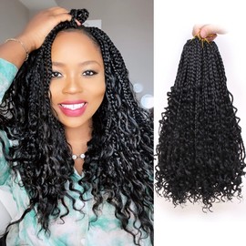 Bohemian Goddess Box Braids Crochet Hair With Curly Ends 14 Inch 7packs 112strands Ombre Medium-Sized Boho Box Braids Short Crochet Braids Hair For Black Women (14 Inch,Black1B)