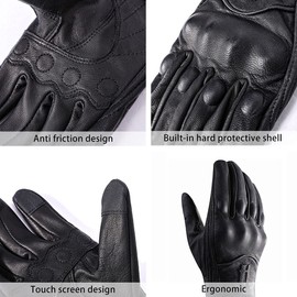 Harssidanzar Motorcycle Gloves,Ladies Full Finger Goatskin Leather Touchscreen Motorcycle Gloves GL016CA,Black, Size L