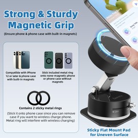 Easvorix Vacuum Magnetic Phone Holder with Metal Ring Compatible with iPhone All Phone, Portable Universal Collapsible Magnetic Phone Stand for Gym, Car Mount with Windshield Suction Cup