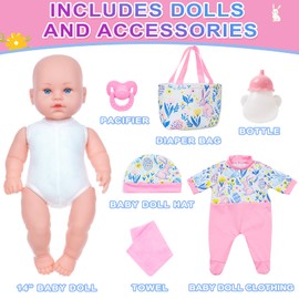 14 Inch Baby Doll and Doll Clothes Accessories Set New Born Baby Doll Realistic Silicone Soft Baby Doll Includes Doll,Outfit, Jumpsuit, Pacifier, Feeding Bottle, Headband