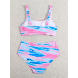 Savarana - Conjunto de bikini de cintura alta para mujer, traje de baño de dos piezas, cuello redondo, traje de baño deportivo de corte alto, A_tie Dye Blue, Large