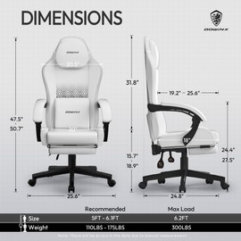 Dowinx Gaming Chair, LED Game Chair with Massage Lumbar Support and Footrest - Ergonomic Computer Chair with Adjustable Height for Adults and Teens, White
