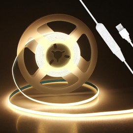 ALITOVE Dimmable USB COB LED Light Strip 5V 2M Warm White 800LEDs Strip 3000K CRI 90+ Flexible 5MM Wide Tape Light TV Backlight with Switch for Under Cabinet Kitchen Camping RV DIY Lighting