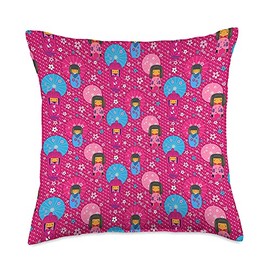 Creativemotions Japanese Dolls-Kokeshi Pattern Throw Pillow, 18x18, Multicolor