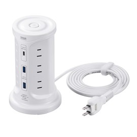Sanwa Direct 700-TAP075W Power Tap Tower, 12 Outlets, 2 USB-A Ports, 1 USB-C Port, 6.6 ft (2 m), Bulk Switch, Swing Plug, USB Charging, Extension Cord, White