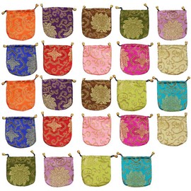 kilofly Chinese Silk Brocade Drawstring Jewelry Pouch Bag Value Set, 30 pcs