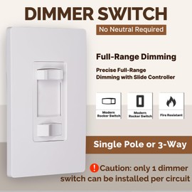 MOES Dimmer Light Switch, 3 Way & Single Pole Dimmable for LED, CFL, Incandescent, Halogen, 600Watt Max, ON/Off with Dimming Slide for Bedroom Hallway, No Neutral Wire Required