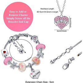 CheeseandU Big Sis Gifts Shiny Bracelet Girls Crystal Charm Bracelet Bangle Jewelry Wristband and Heart Big Sister Necklace for Women Girls