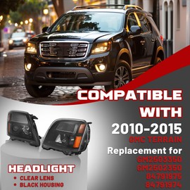 HECASA Pair Projector Headlight Compatible with 2010-2015 GMC Terrain Replacement for GM2502350 GM2503350 Headlamp Front Lamp w/Bulb Clear Lens Black Housing Amber Reflector Driver&Passenger Side