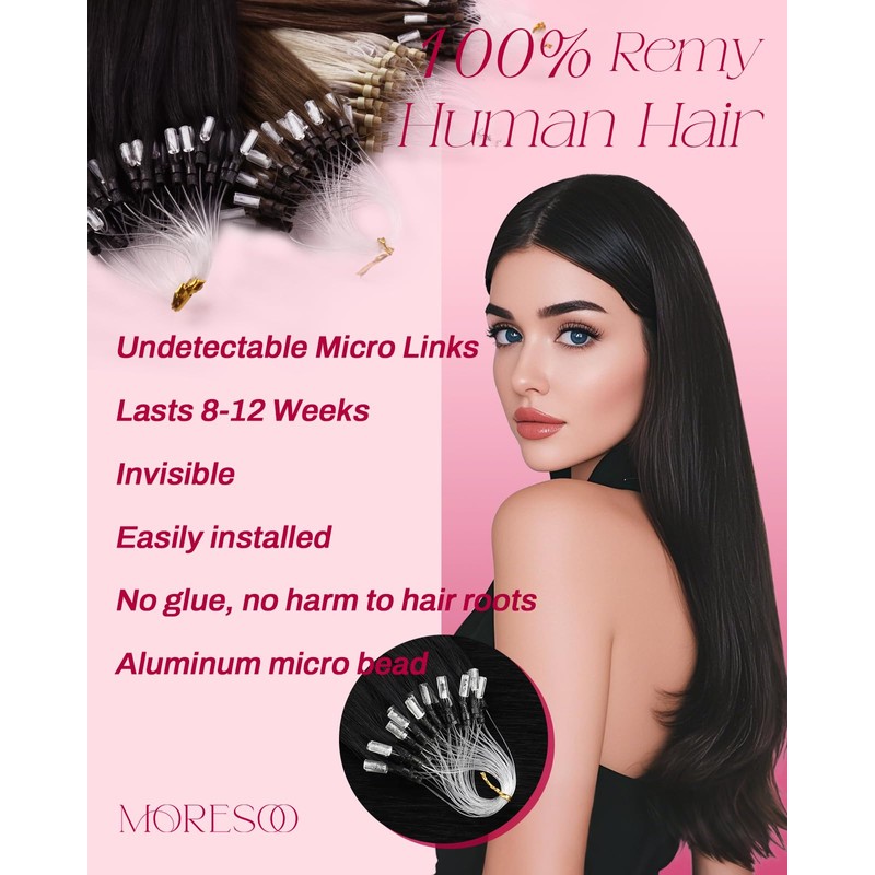 Moresoo Hair Extensions Microlink Human Hair Jet Black Micro Link