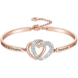Aihitero Christmas Mother Daughter Gift, ‘Mother Daughter Forever Love’ Interlocking Hearts Bangle Bracelet, Women Girl Rose Gold Jewelry, Birthday Valentines Xmas Presents from Mum Mama Mommy Mom