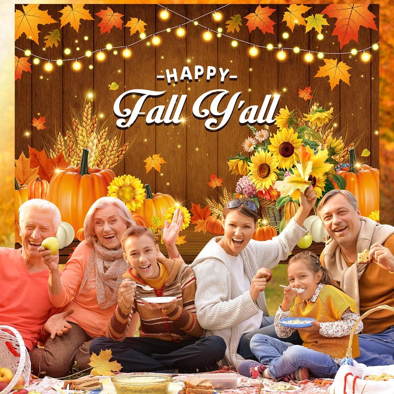 Happy Fall Y'all Backdrop 7x5ft Pumpkin Maple Leaves Thanksgiving Decor