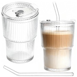 2-Pack 450ml Ribbed Cups with Lids and Straws, Embossed Drinking Set for Iced Coffee, Smoothies, Juice, Water – Reusable Tumbler Set for Home, Office and Gifts