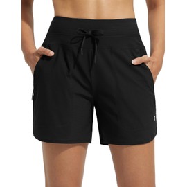 BALEAF Swim Shorts Women 5" High Waisted with Zip Pockets Tummy Control Board Beach Shorts Swimming Custome Bottoms Black M