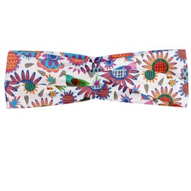 Lunarable Sunflower Headband for Women, Birds Eating with Colorful Sunflowers with Dotted and Checkered Patterns, Elastic Comfy Hair Accessory Knotted Head Wrap Everyday Use, XS-S, Multicolor