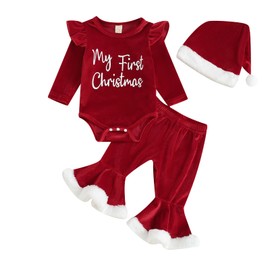 FIOMVA My First Christmas Baby Girl Outfit Newborn Fall Winter Clothes Infant Romper Bell Bottoms Santa Hat 3pcs Set (D Red, 0-3 Months)