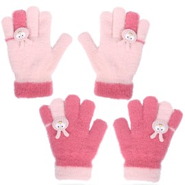 Becellen 2 Pairs of Winter Knitted Gloves for Children, 2 Colours, Cute Magic Gloves, Elastic Warm Full Finger Gloves for Boys and Girls, Pink, Deep Pink
