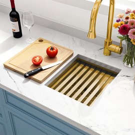 YetCrest 13 Gold Undermount Kitchen Sink,13x15 Inch Gold Stainless Steel Single Bowl Bar Sinks Undermount Bar Sink Workstation Ledge, Under Counter Kitchen Sinks Basin