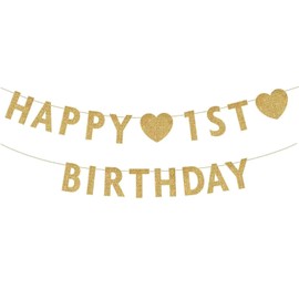 Gold Happy 1st Birthday Banner, Glitter Happy 1 Years Old Party Sign, First Birthday Boy or Girl Decorations