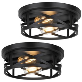 2-Light Flush Mount Ceiling Light Fixtures, 2-Pack Farmhouse Black Ceiling Lights, Industrial Metal Cage Light Fixtures with Adjustable Head for Bedroom Hallway Kitchen