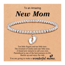 Angyape Mom to be Gift for Women, Cute Little Feet Pendant Charm Silver Bracelet Trendy Beaded Pregnant Bracelet for New Mom Pregnant Jewelry Gifts (Silver)