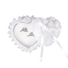 Romantic Heart Shaped Wedding Ring Bearer Box Wedding Ring Holder Lace Pearl Flower Elegant Ring Bearer Pillow for Wedding Ceremony Engagement Proposal Ring Holder