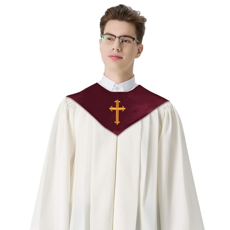 IvyRobes Unisex One-Color V Shape Choir Stole With Cross Maroon
