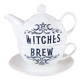 Ebros Wicca Occult Pentagram Crescent Moons Witches Brew Hex Ceramic Porcelain Stacking Tea Pot and Cup With Saucer Plate Set Serves 1 Person Home Decor Accent Teapot Sets