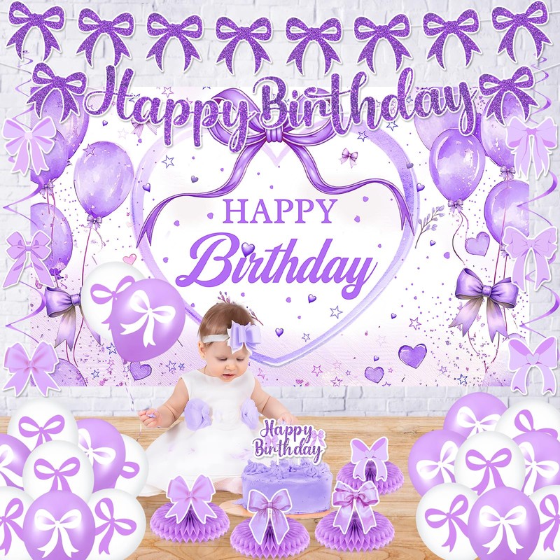 Purple Bow Birthday Party Decorations Purple Bow Happy Birthday Banner