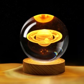 Nurluce 3D Saturn Crystal Ball Night Lights 3.15"/8cm Glass Sphere 5W LED Wooden Base Planet Figurine Nightstand Lamps Space Astronomy Bedroom Decoration Gifts for Teens Kids Christmas Birthday