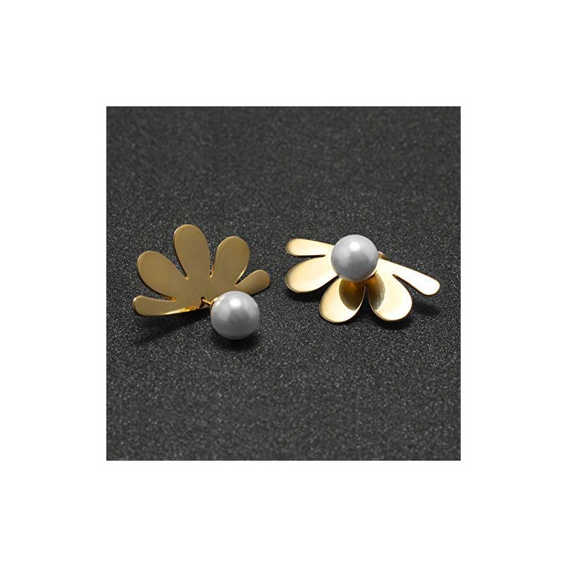 Faux Pearl Stud Earrings for Women 2 in 1 Flower