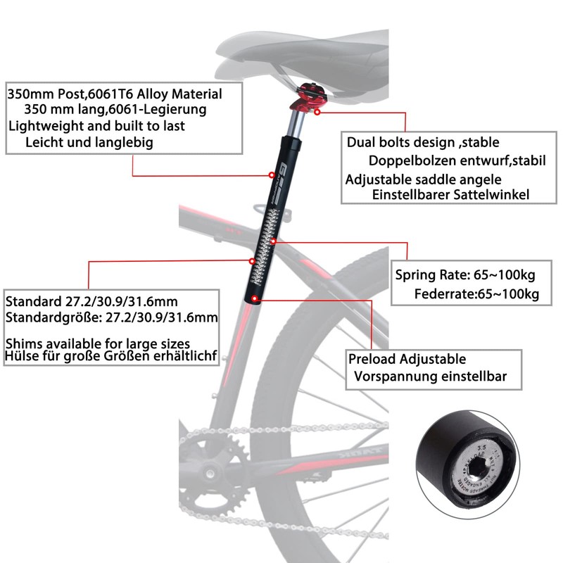GANOPPER Seat Post Spring-Loaded 27.2 Saddle Suspension Bicycle Seat Post
