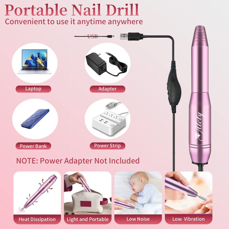 Alety Electric Nail Drill Kit, Portable File for Acrylic Gel
