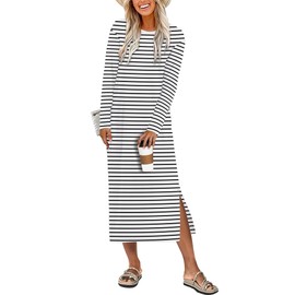 ANRABESS Long Sleeve Midi Dresses for Women Fall Fashion Casual Vacation Crewneck Loose Split Striped Long Tshirts Dress White Black Stripe M