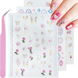 Flower Stickers for Nails 5D Embossed Nail Decals Spring Summer Floral Nail Stickers Self-Adhesive Nail Supplies Accessories for Women DIY Decoration (Multiple Flower)