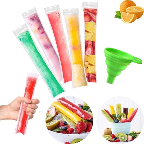 Pack of 200 Popsicle Bags Popsicle Moulds Bags BPA-Free Ice Pop Bags with a Funnel for Yogurt, Ice Sweets, Ice Cream, Party Favours (5 x 22 cm)