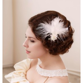 Kenjudess 1920s Feather Flapper Hair Clips for Women White Swan Hair piece Crystal Feather Hair Pins Brooch Fascinator Bridal Wedding Party Hair Accessories (White)