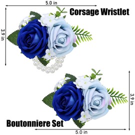 Vkkperp 2Pcs Light Blue & Blue Rose Wrist Corsage Wristlet Band and Boutonniere Set, for Wedding Bride Bridesmaids Men Groom Groomsmen Artificial Flowers Accessories Prom Party Suit Decor